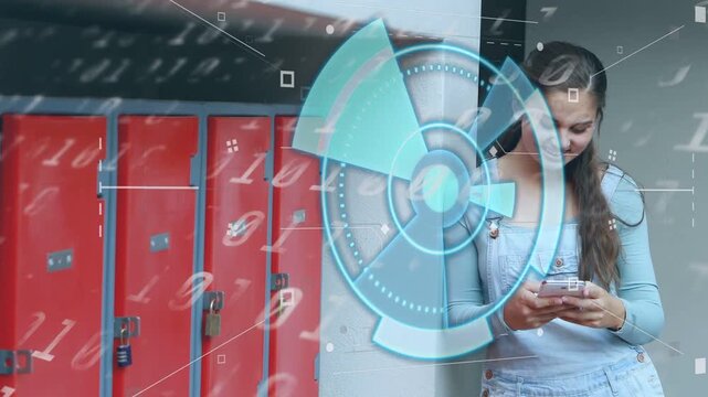 Student leaning by column, tapping phone, reading, causing HUD streaming digits over school lockers
