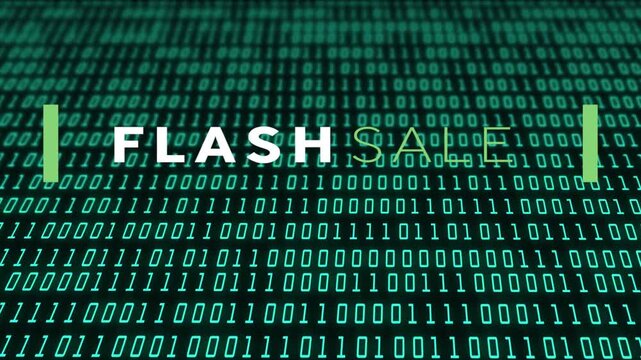 Light-green reveal block sliding, FLASH SALE emerging and pulsing over binary matrix promoting sale