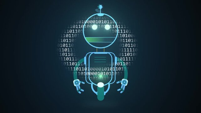 Cyan robot, binary ring appearing behind, switching eyes, chest pulsing, progress bar showing data
