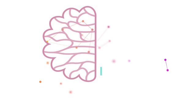 Single pink line drawing, brain halves growing, nodes joining, AI chip linking, showing net fusion
