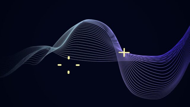 Lines emerging from left, forming ribbon, shifting arc and pulsing yellow markers, showing waveform