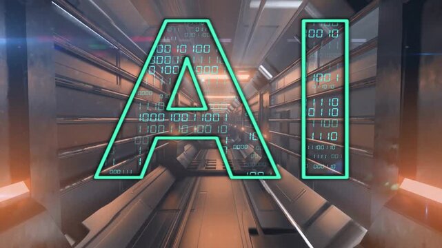 Letters appearing camera moving along tunnel AI pulsing scrolling binary showing warm cyan contrast