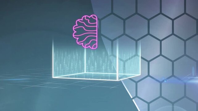 Glowing wire box rising from grid, pulsing, sending stroke, drawing brain halves, showing AI idea