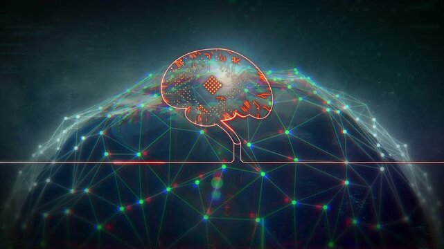 Neon streak sweeping dome, initiating brain icon revealing chip, pulsing mesh visualizing network