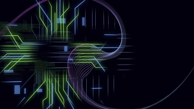 Cross appearing, circuitry growing and ribbon weaving, code pulsing to reveal digital interface