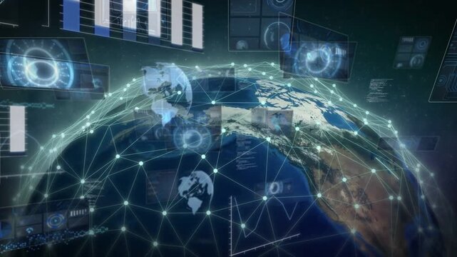 On start, 3D globe rotating while network pulsing and HUD panels sliding, visualizing data flow