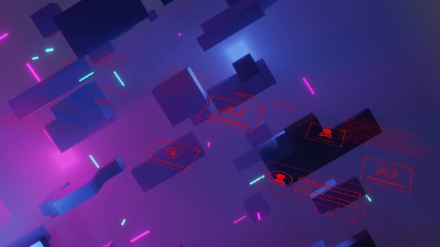 Blue panel appearing triggers panels drifting and rotating aligning red HUD overlays for data focus