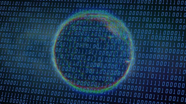 Binary digits pulsing, translucent globe rotating, neon streaks tracing routes, showing data flow