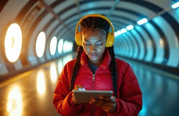 Fototapeta premium Young woman with braided hair listens to music on headphones while using tablet in a brightly lit underground tunnel. She wears a red jacket. She is connected and immersed.