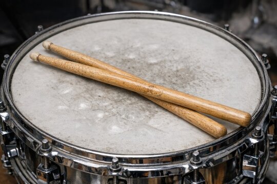 A drum with two drumsticks resting on its surface
