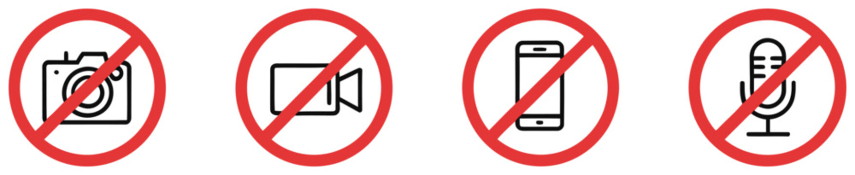 No photography video mobile phones or recording icons, restriction warning symbols for privacy and security vector illustration design.