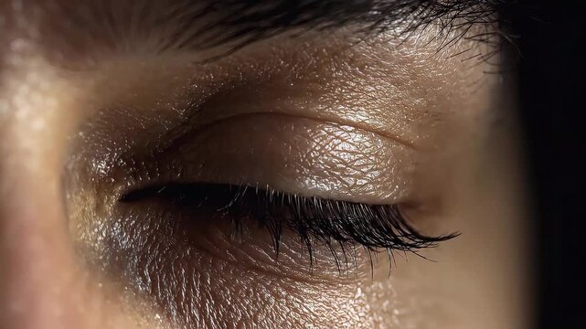 Close-up of a human eye showing detailed eyelashes, eyelid texture, and part of the surrounding skin with subtle highlights and shadows