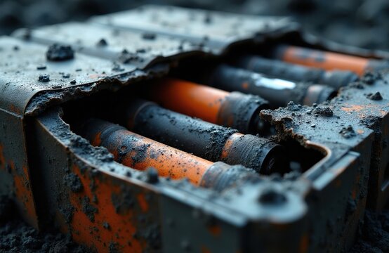 Damaged electric car battery pack with burnt cylindrical cells. Shows a failing energy storage component in automotive tech, highlighting disposal and recycling needs.