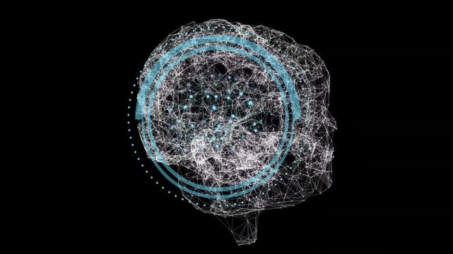 Concentric cyan rings appearing, brain mesh rotating, nodal lights pulsing, visualizing scan