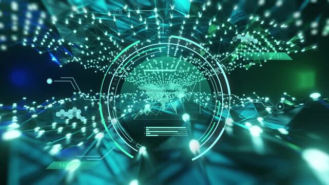 HUD rotating, central HUD initiating forward motion, node lattice pulsing, visualizing live network