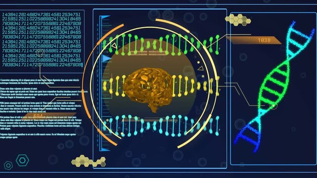 HUD starting scan, golden brain rotating while DNA helix pulsing, metrics updating for analysis