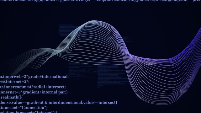Ribbon entering left, arching right while code panels multiplying, blurring, visualizing data flow