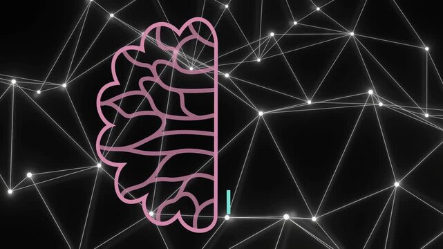 Vertical pink stroke starting, split brain drawing left folds and right cyan circuits, showing AI
