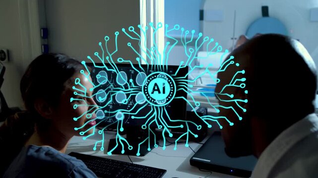Techs reviewing CT brain scans with AI overlay highlighting findings matching scans to patient