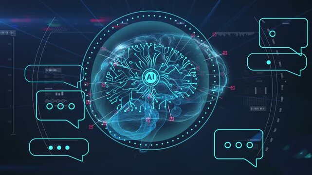 AI holo brain pulsing and linking traces, processing inputs as teal bubbles appearing around ring