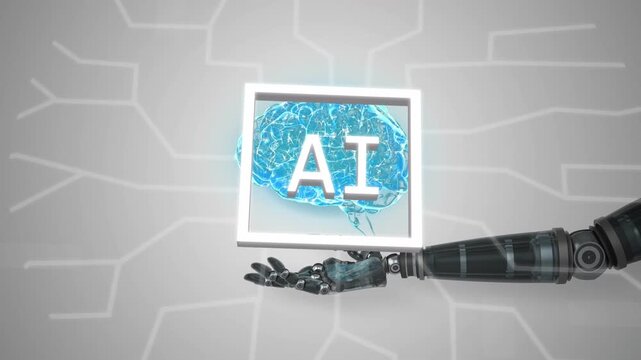Robot arm entering right building square frame brain fading AI appearing network expanding for demo