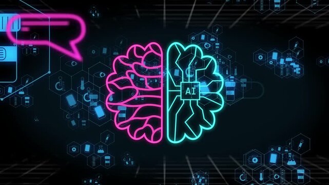 Pink stroke appearing and drawing left brain, cyan tracing right, connecting medical AI network