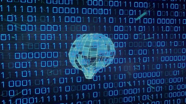 On load hologram brain appearing, rotating, segments scanning while showing data over binary grid