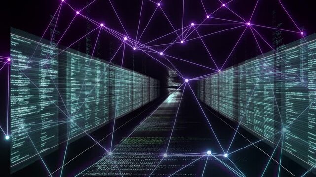 Vanishing light appearing data tunnel advancing code panels shifting lattice pulsing for data flow