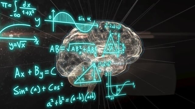 Radial pulse starting, neural holo brain rotating pulsing as cyan diagrams multiplying showing STEM