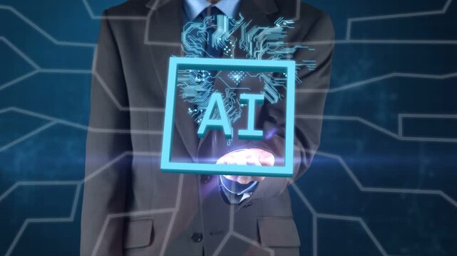 Exec presenting palm, lightbar unfolding into L forming glowing AI square and showing brain network