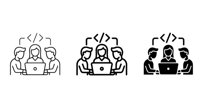 Three developer silhouette icons working together on a laptop, solid black style, programming team collaboration.