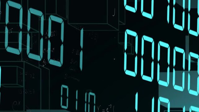 Glowing orb drifting in, teal 7-segment digits rearranging across scene, visualizing binary flow