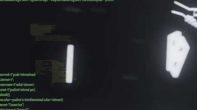 Pale icon appearing, neon code shifting, ribbon sweeping, zooming, icons orbiting, revealing names