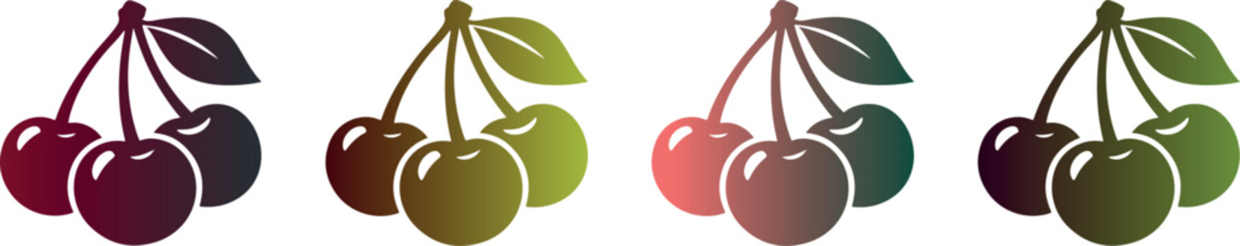 Set of stylized cherry icons with stems and leaves in various color gradients.