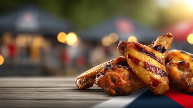 Grilled Chicken Wings in Bold Geometric Pattern on Wooden Surface