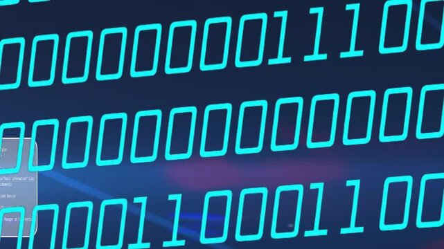 Binary digits scrolling diagonal, overlays appearing on start then drifting inward to show metadata