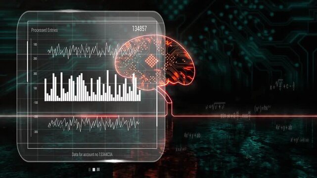 Data packets arriving, HUD and lit brain updating charts and readout 134857, showing progress