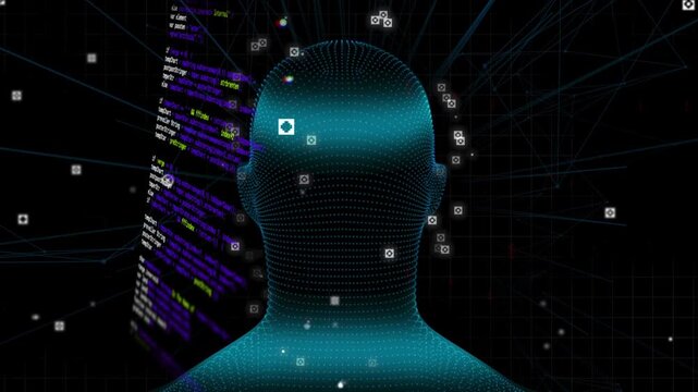 Code panel starting scan, point-cloud head rotating while markers pulsing, mapping facial keypoints