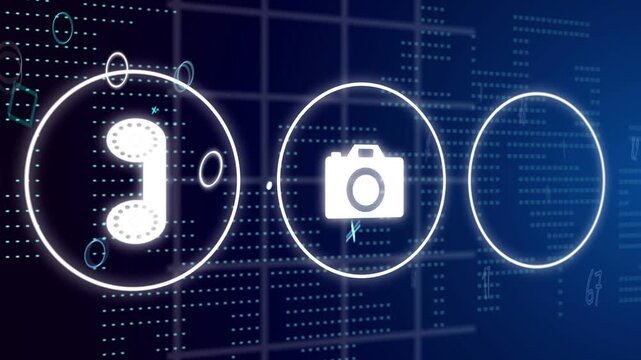 Left circle lighting up, glowing icon rings sliding right with camera panning showing features