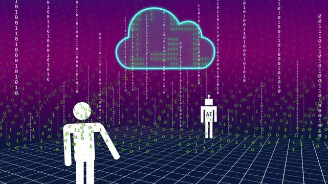 Cloud emerging above grid, binary digits raining and forming columns, human and AI exchanging data