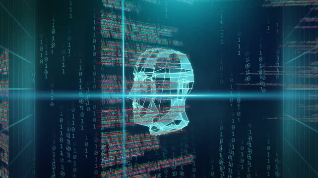 Falling binary starting cyan wireframe head rotating while code strips scrolling, visualizing data