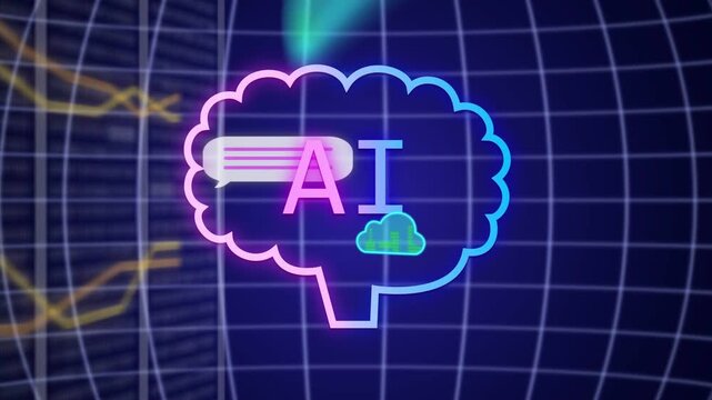 Neon AI brain receiving sliding bubbles and clouds, streaming binary, settling visualizing data