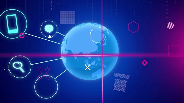 Magenta scan lines sliding, starting blue globe forming, nodes popping, connecting, showing network