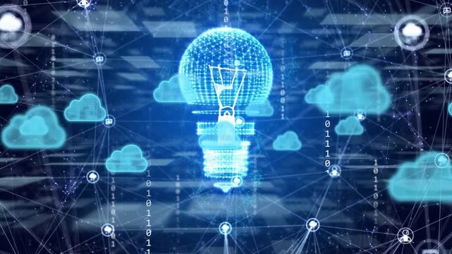 Cloud icons drifting into globe causing holo bulb forming, glowing, sending bits showing data flow