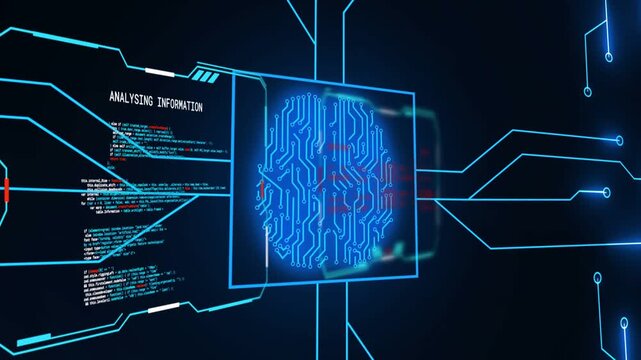 Left ANALYSING INFORMATION tab starting panel facing front brain glyph forming nodes pulsing online