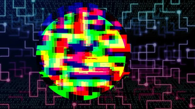 Colorful pixel circle reacting to sync pulse, shifting blocks and pulsing to show network flow