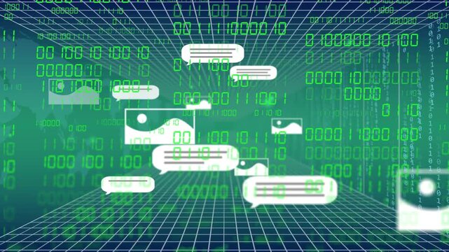 Grid converging starting chat icons and pics flowing toward view amid binary, showing message surge