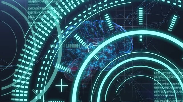 Holographic brain pulsing nested rings entering left and growing initiating scan showing neural map