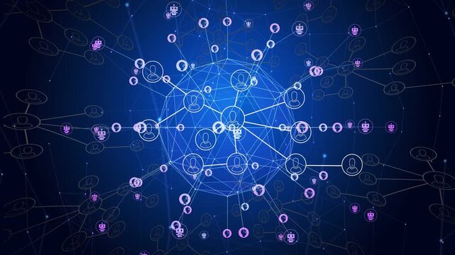 Glowing sphere appearing, central sphere rotating, nodes pulsing and linking to show network links