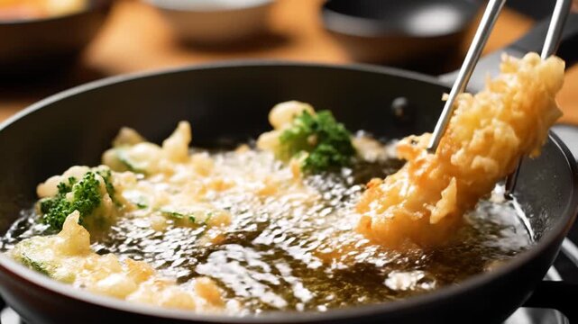 Cooking Delicious Japanese Tempura Shrimp and Vegetables in Hot Oil.